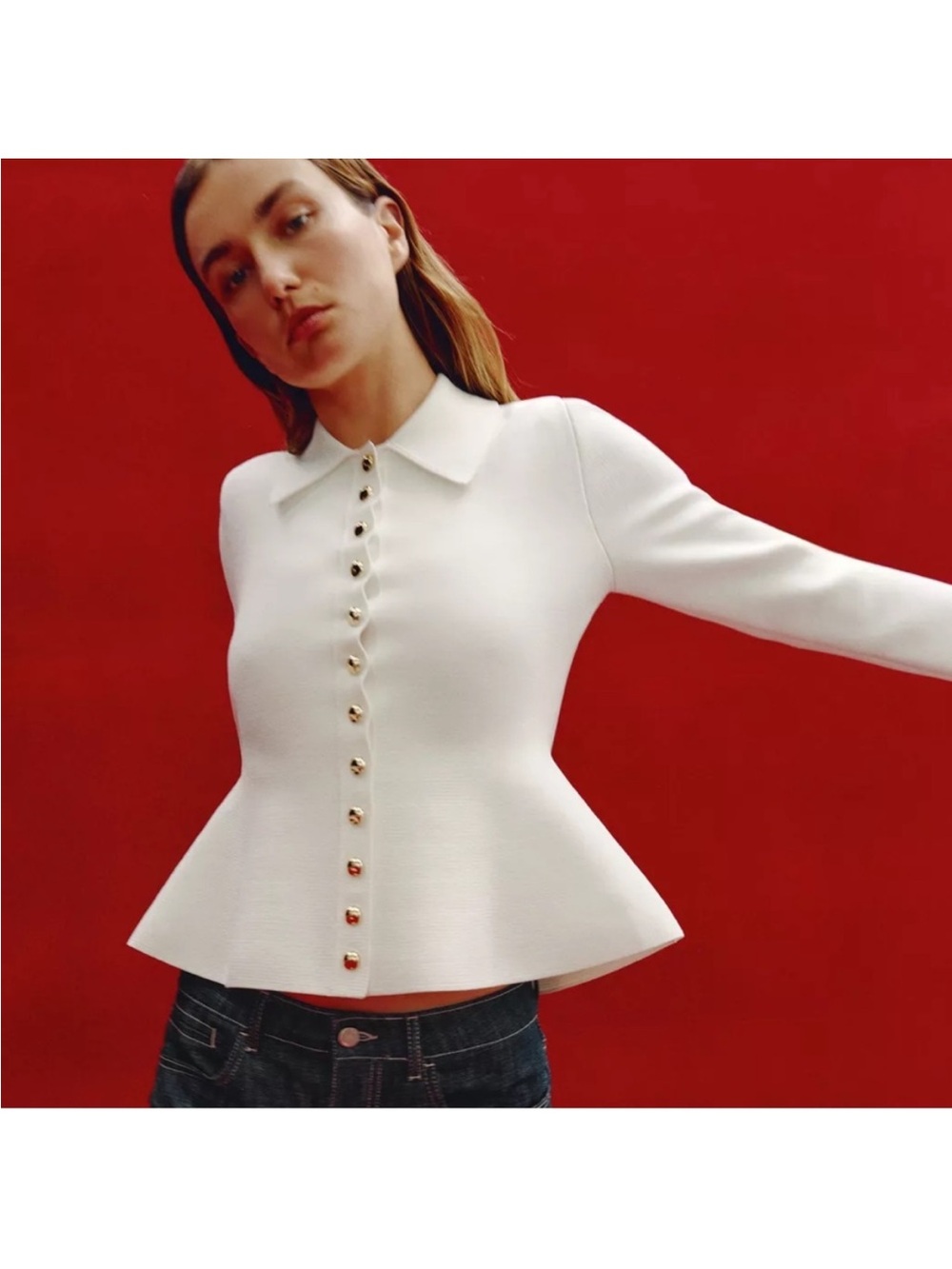 Zara White Peplum Button-Down Top with Gold Buttons